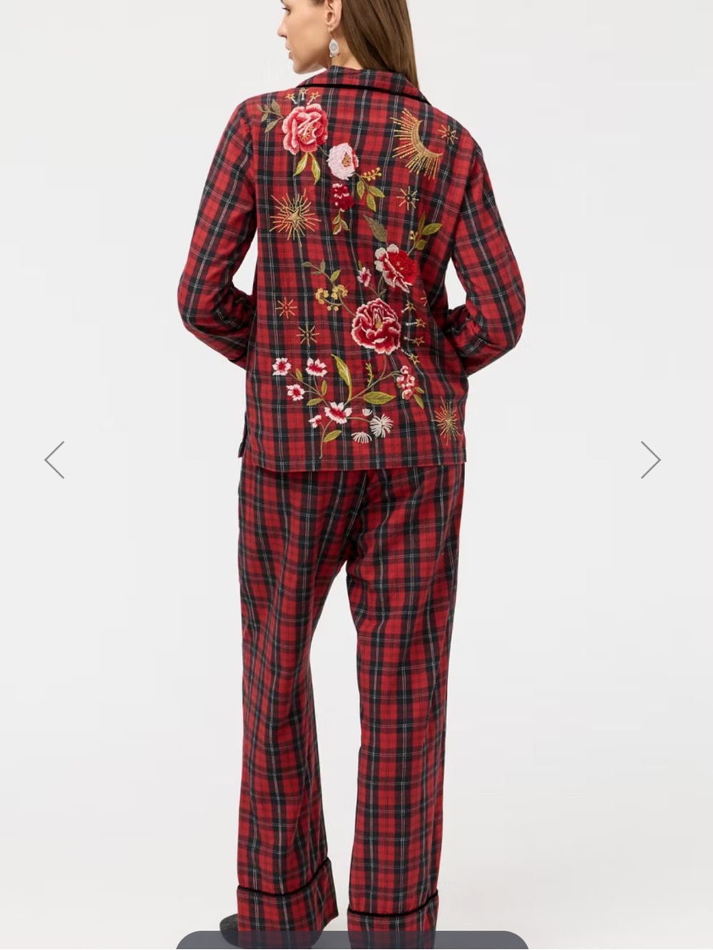 Johnny Was The Zariah long PJ set pajamas size large red plaid floral embroidery